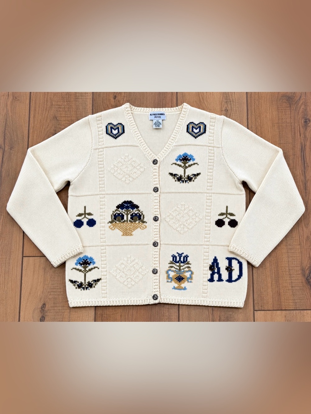 Alfred Dunner Cream Knit Button-Up Cardigan with Blue Floral Motifs